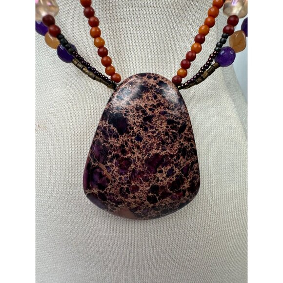 Variscite Stone Beaded Necklace With Multicolor Beads & Large Pendant - Picture 5 of 16